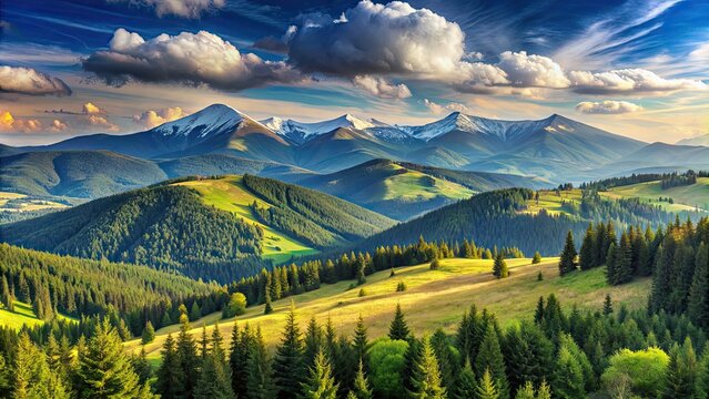 Panoramic view of Carpathian mountain range with Hoverla and Petros peaks in the background, Panoramic, view, Carpathian