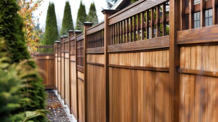Craftsman-style fence with wooden slats and a detailed top rail, providing privacy and aesthetic appeal to the property