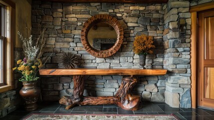 Craftsman-style foyer with a handcrafted wooden console table and a matching mirror frame, set against a stone wall