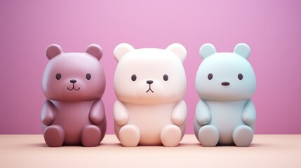Three pastel colored cartoon bears isolated on a pink background.