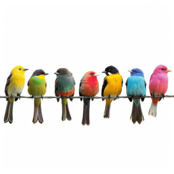 Colorful Birds Perched on Wire Isolated on White Background