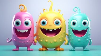 Three cute and colorful cartoon monsters with big eyes, perfect for kids storybooks