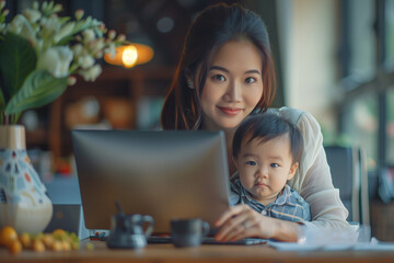 Asian Woman Professional Mom Multitasking with Baby Toddler Child on Lap while Working from Home with Flexible Schedule