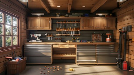 Craftsman-style garage interior with wooden tool racks and a workbench, organized and functional