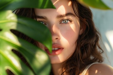 Fototapeta premium Beauty natural woman with monstera leaf looking at camera