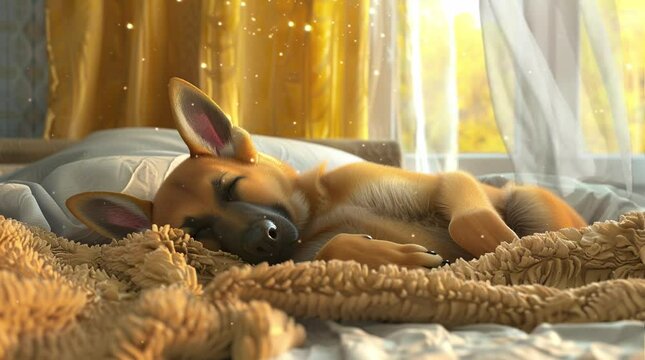 A lovable dog is peacefully sleeping on a soft blanket in a cozy bedroom. The warm and inviting room, seamless looping 4k time-lapse virtual video animation background. generated ai