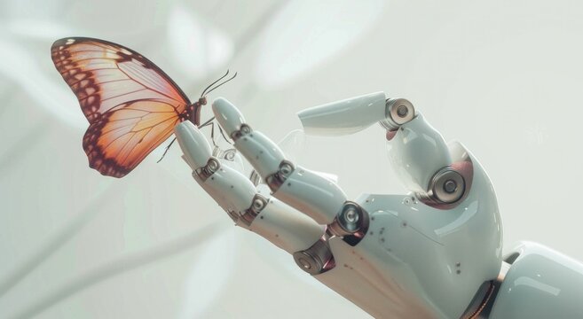 Robotic hand holding butterfly in front of white background, 3d rendering
