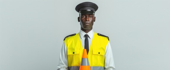 Full body shot of a traffic police officer with hands on hips, clear white background, natural lighting