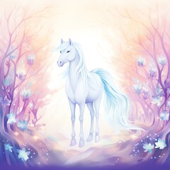 Naklejka premium A majestic white unicorn stands in an enchanting, magical forest filled with pastel-colored flowers and glowing lights.