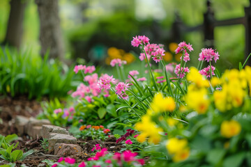 Fototapeta premium Blooming spring garden with pink and yellow flowers, vibrant floral scene, lush greenery with copy space
