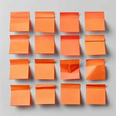 Discover a cluster of orange sticky post-it notes with diverse shades and textures, strategically positioned on a transparent PNG surface. The backdrop's transparency adds depth and dimension