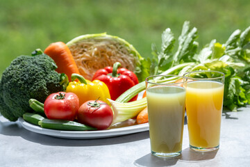 色とりどりの野菜と野菜ジュース