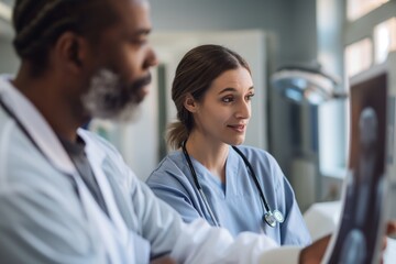 Medical professionals analyzing x-ray images discussing healthcare and diagnosis in modern hospital medical concept