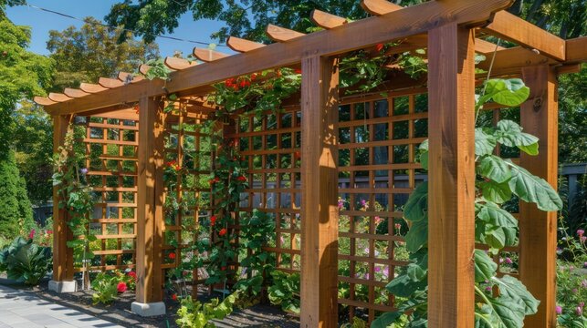 Craftsman-style garden trellis with wooden posts and crossbeams, supporting climbing vegetables or flowers for a functional garden element