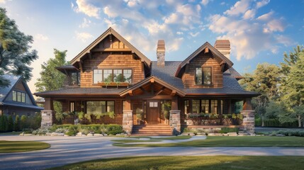 Craftsman-style home exterior with wooden shingles and hand-laid stone accents, blending into the suburban landscape