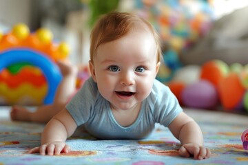 Baby smiling joyfully, surrounded by colorful balls