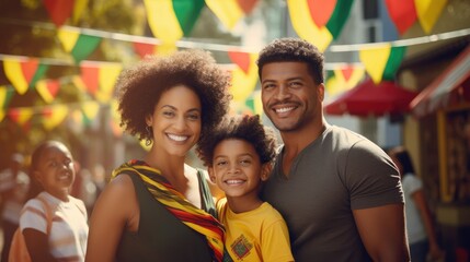 Fototapeta premium Cheerful family of three celebrating Juneteenth Freedom and African liberation day. Black life matters. Black history month.