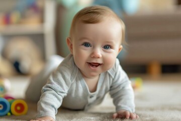 Baby crawling on carpet, looking ahead joyfully