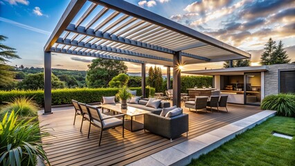 Fototapeta premium A Beautiful Outdoor Living Space With A Pergola, Comfortable Seating, And A Stunning View.