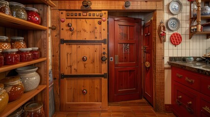craftsman-style kitchen with a wooden pantry door and ceramic knobs, full of homemade preserves