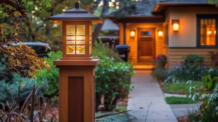Craftsman-style lamp post with a wooden base and a hand-blown glass lamp, illuminating a suburban walkway