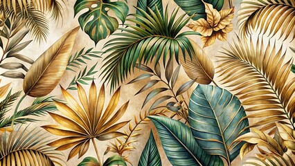 Vibrant Green And Gold Tropical Leaves With A Painterly Aesthetic