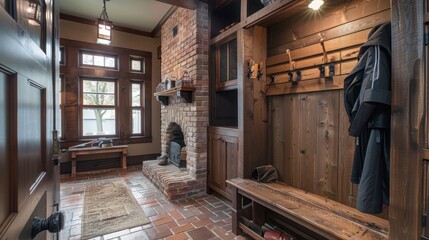 craftsman-style mudroom with a custom wooden coat rack and bench, next to a brick fireplace