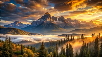 The Image Is Of A Mountain Landscape With A Sunrise Or Sunset. The Sky And Clouds Are A Bright Orange And Yellow, And The Mountains Are A Dark Blue. The Image Is Very Peaceful And Serene.