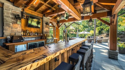 Fototapeta premium Craftsman-style outdoor bar with a wooden counter and overhead beams, ideal for entertaining guests