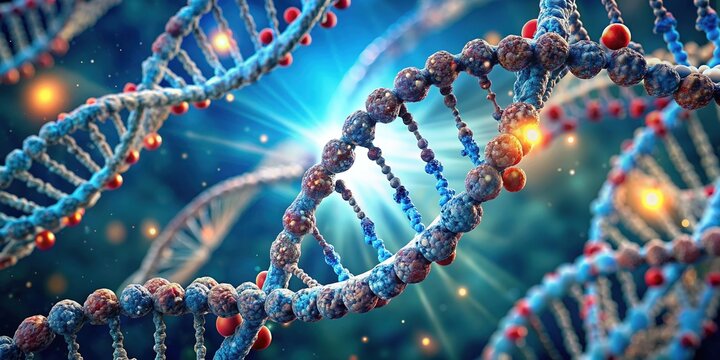 Microscopic illustration of DNA double helix structure, highlighting gene silencing techniques with RNA interference, CRISPR-Cas9, and antisense oligonucleotides, for genetic research applications.