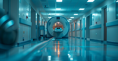 A hospital hallway with a large MRI machine in the middle