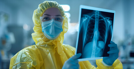 A doctor in a yellow suit holding a x-ray of a person's chest