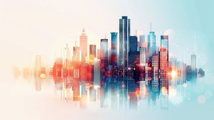 Fototapeta premium Vibrant cityscape with modern skyscrapers reflected in water under a clear sky, showcasing urban life and architectural beauty.