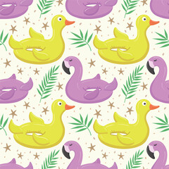 Seamless pattern with pink flamingo and yellow duck. A float for the pool. Inflatable colorful ducks and flamingos. A swimming circle. Vector template for your summer beach design