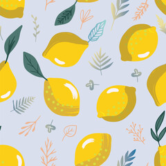 Seamless lemon fruit pattern on light blue background. Vector lemons background.
