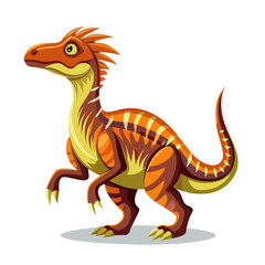 Cartoon prehistoric dinosaur character with striking orange and yellow stripes and frilled neck. Isolated vector reptile dino animal stands alert and ready. Personage for children books or games