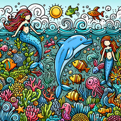 Doodle art cartoon of an underwater world with colorful fish and mermaids