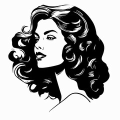 Black and white elegant woman face in side profile view. Her hair flows in voluminous curls and her expression captures timeless beauty. Vector retro illustration for art, design, vintage style theme