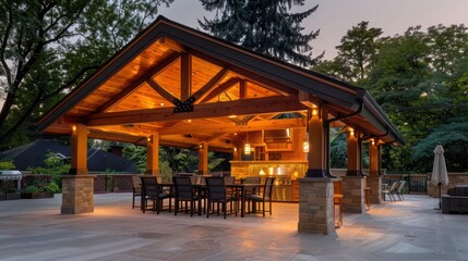 Obraz premium Craftsman-style outdoor dining pavilion with a wooden roof and built-in lighting, perfect for evening meals under the stars