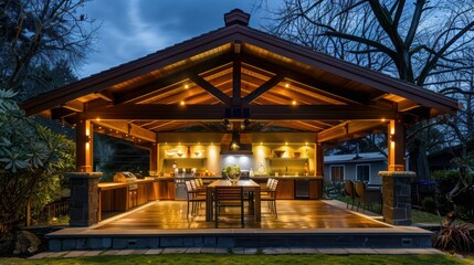Craftsman-style outdoor dining pavilion with a wooden roof and built-in lighting, perfect for evening meals under the stars