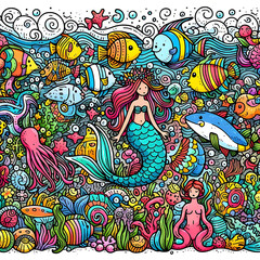 Doodle art cartoon of an underwater world with colorful fish and mermaids