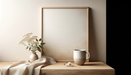 Minimalist wooden frame, ceramic mug, and flower vase on a wooden table with natural light. Perfect for home decor or interior design inspiration.