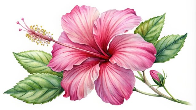 Vibrant pink hibiscus flower blooms against a soft white background in a delicate, hand-drawn watercolor illustration, showcasing intricate petals and slender stem details.