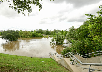 Buffalo Bayou Park, Houston, flooded after Hurricane Beryl.