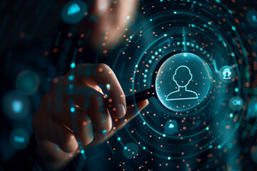 
Businessman touching a virtual human icon on a hologram screen, technology for customer support and template personalization with data service business concept