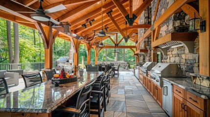 Craftsman-style outdoor kitchen pavilion with wooden beams and stone countertops, equipped for gourmet outdoor cooking