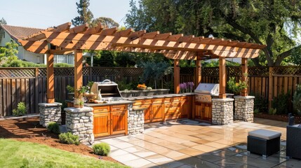 Naklejka premium Craftsman-style outdoor kitchen with a wooden pergola, stone countertops, and a built-in grill, designed for gourmet cooking