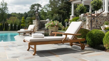 Obraz premium Craftsman-style outdoor lounger with a wooden frame and adjustable back, perfect for sunbathing or relaxing