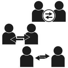 People interaction icons. Arrows indicating exchange. Black silhouettes. Vector illustration.