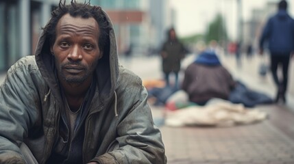 Fototapeta premium Close-Up of Homeless Man with Expressive Eyes and Long Beard, Capturing Poverty